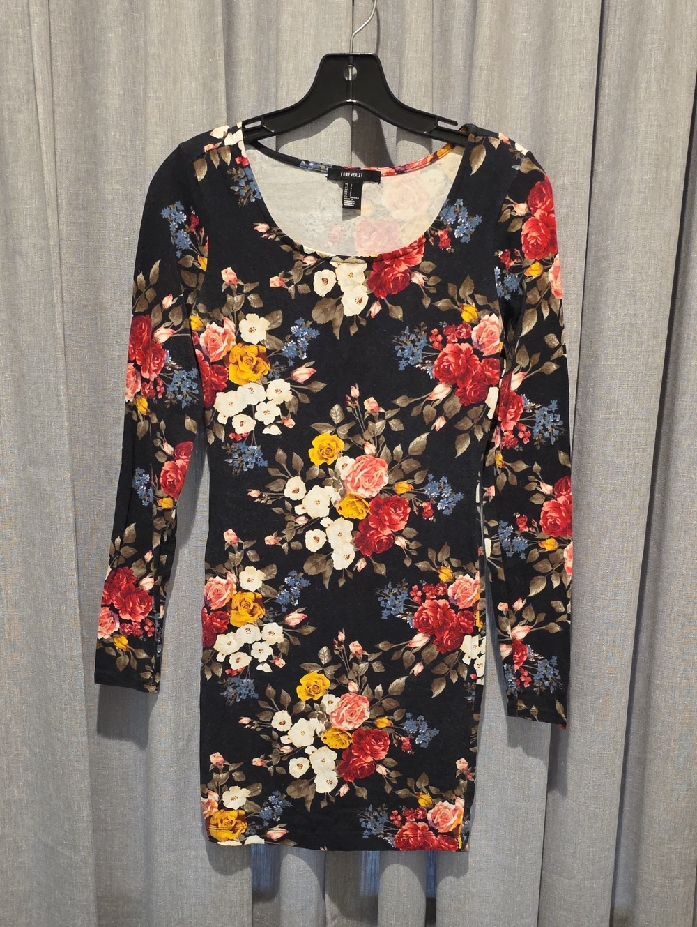 Forever 21 Black Floral Long Sleeve Bodycon Dress